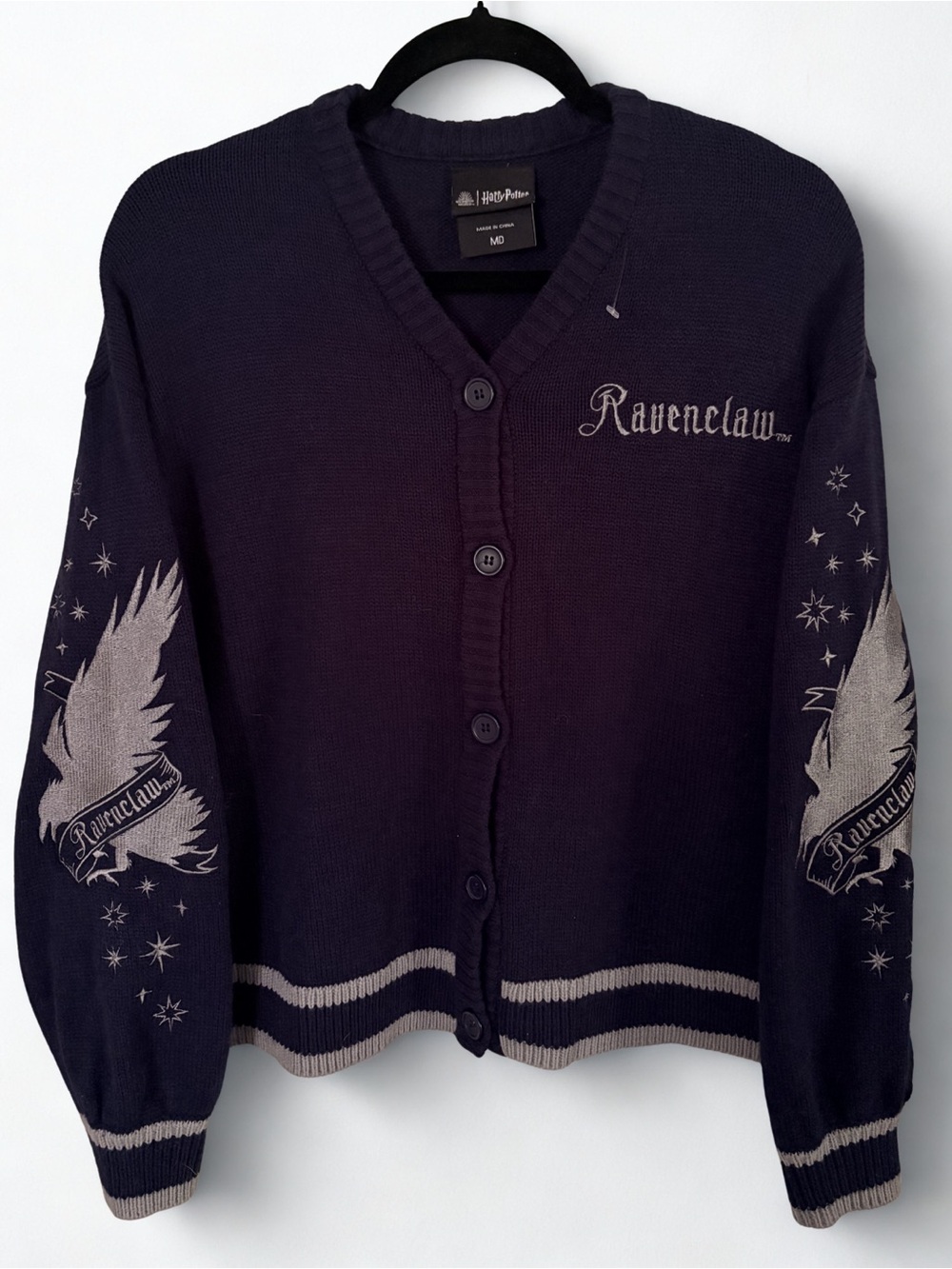 Harry Potter Ravenclaw navy grey embroidered sleeve chunky cardigan sweater sz M